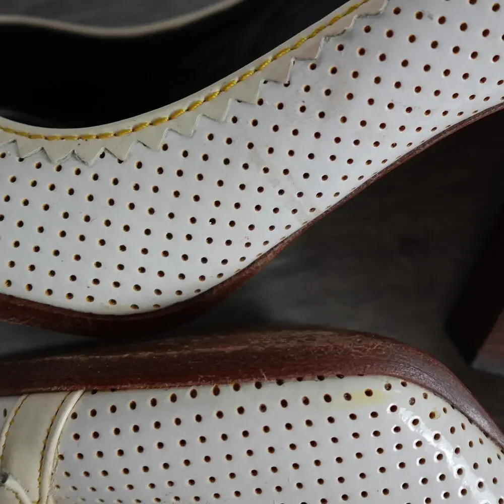 Fendi White and Cream Patent Leather Peep-Toe Heels